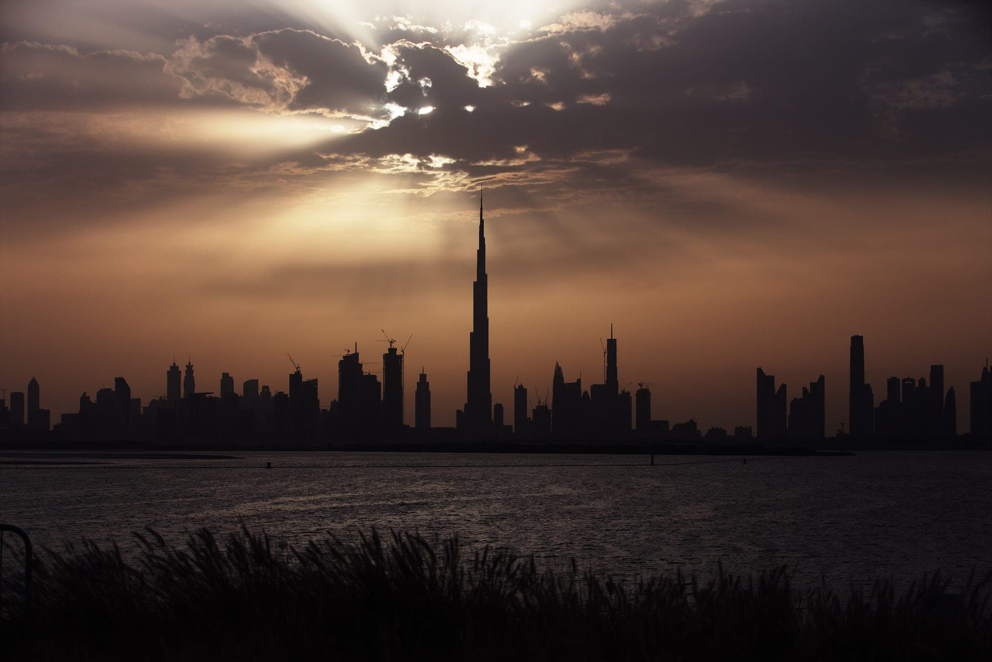 A city skyline at dusk