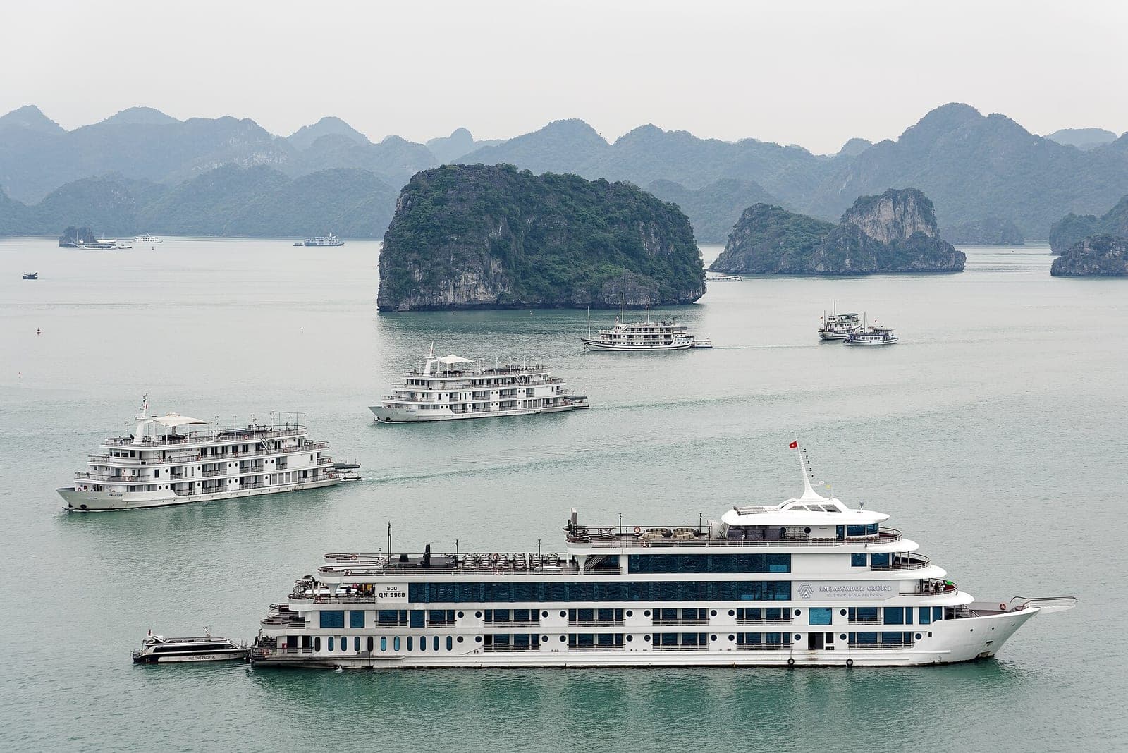 Cruise boats among the limestone islands of Ha Long Bay